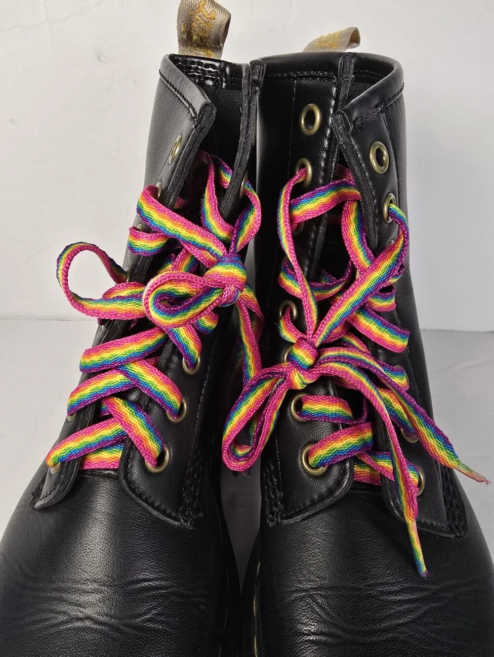 Dr. Martens 1460 Girls Black Lace Up Boots Featuring Rainbow Flat Laces Size 4